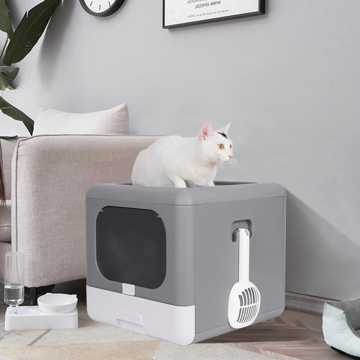 Cat Litter Box Foldable | Top Entry Drawer with Kitty Litter Scoop