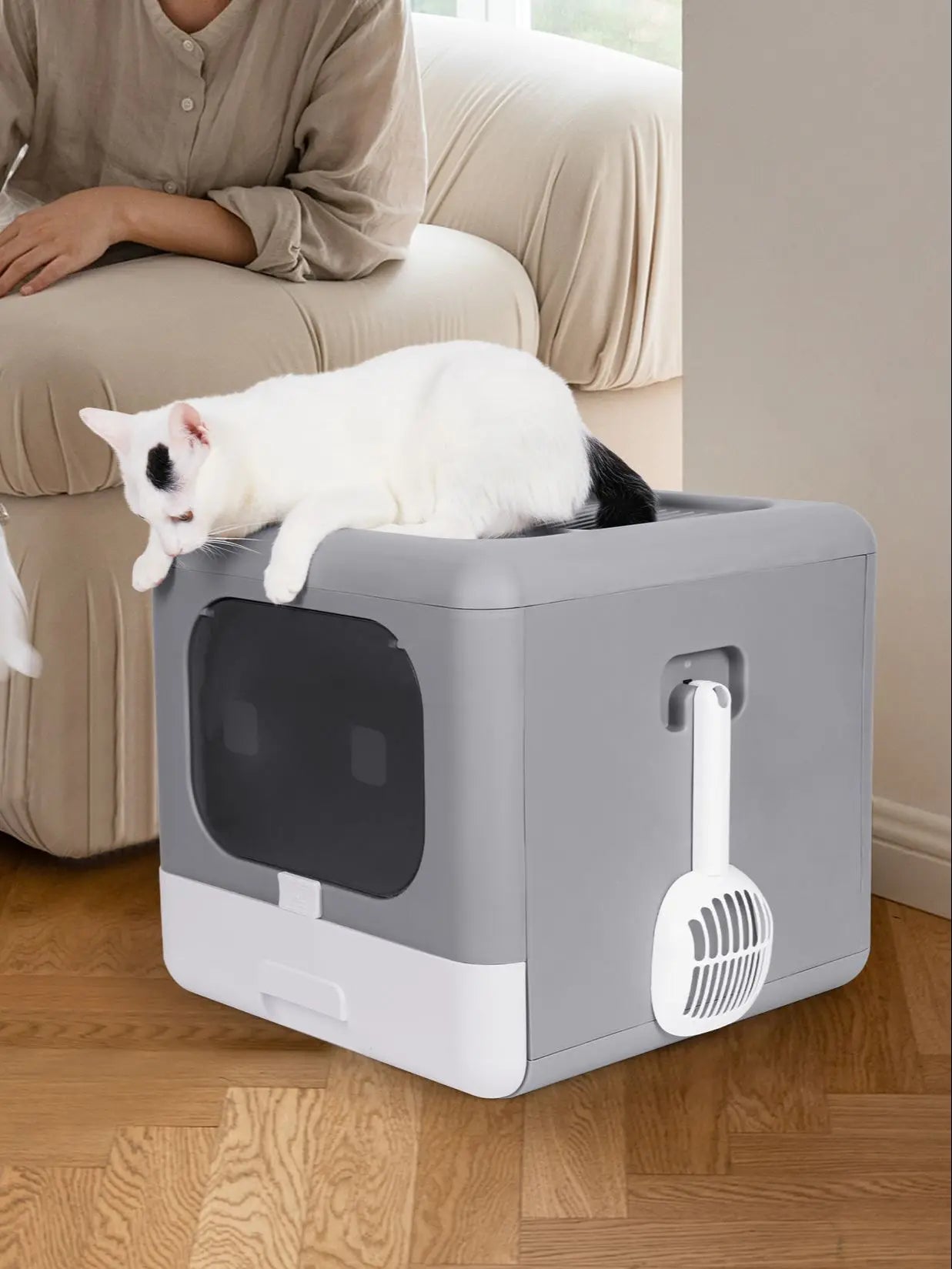 Cat Litter Box Foldable | Top Entry Drawer with Kitty Litter Scoop