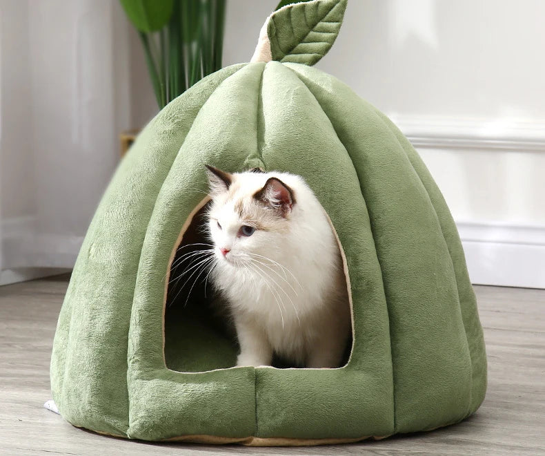 Enclosed Cat Nest | Winter Warm Cat Bed Pumpkin Shape | Pet Sleeping House