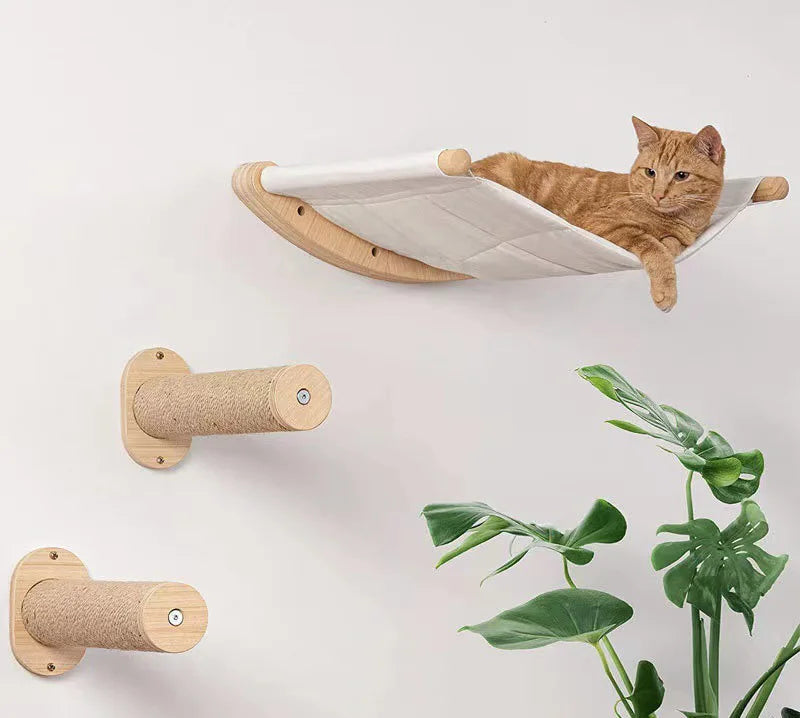 Eco-Friendly Wooden Cat Tree | Wall Mounted Cat Hammock | 2/4 Steps Cat Climbing Shelf