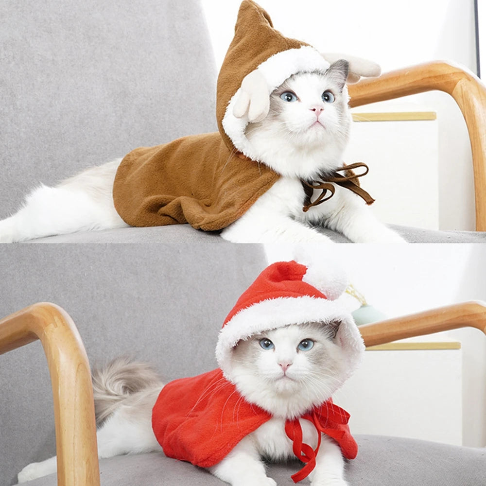 Cat Costume Santa Elk Cosplay | Pet Christmas Shawl Outfit | Kitten Xmas Reinder Cape