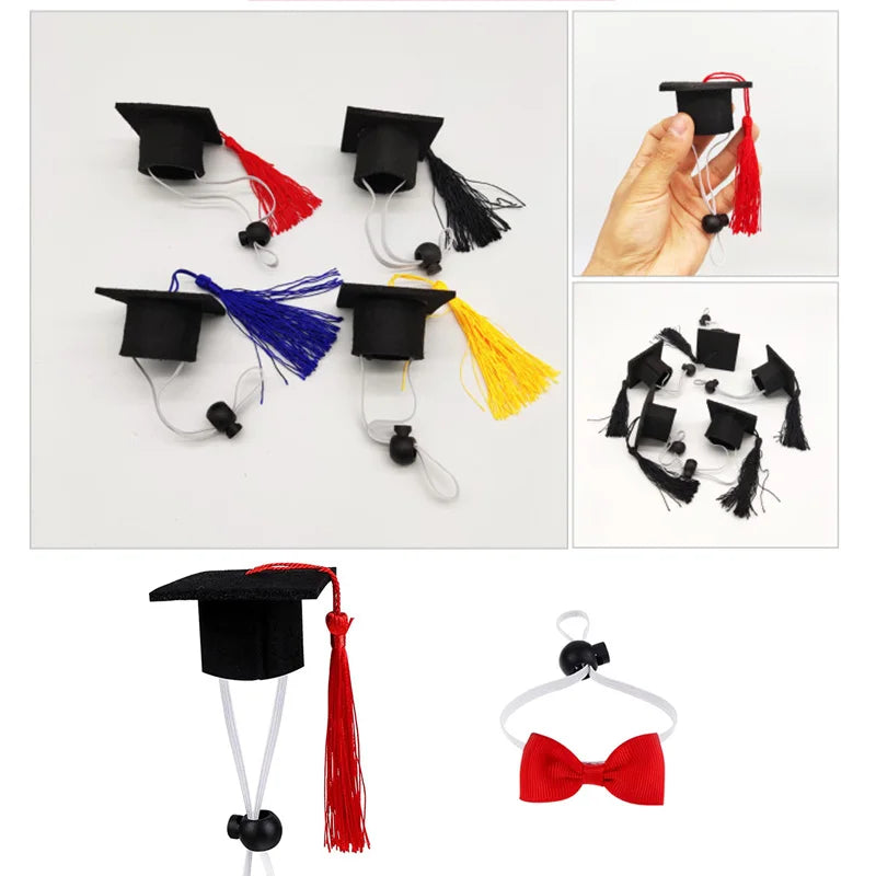 Small Pet Graduation Caps | Cats Mini Bachelor Hat with Tassel | Cute Kitten Bowtie Costume Accessory