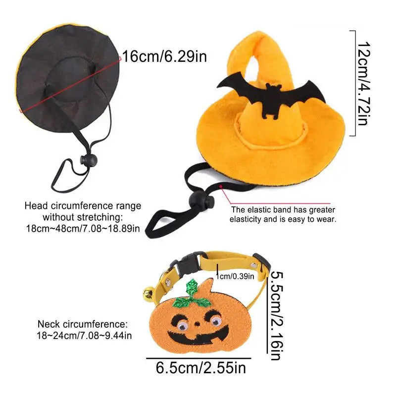 Cat Pumpkin Collar | Pet Halloween Costume Witch Hat | Kitten Wizard Hat