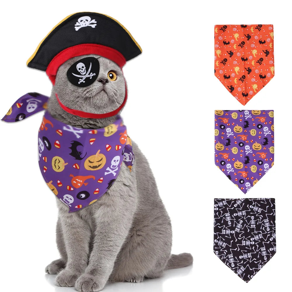 Halloween Pet Costumes | Cat Clothes Pirate Hat Eye Patch | Kitten Cosplay