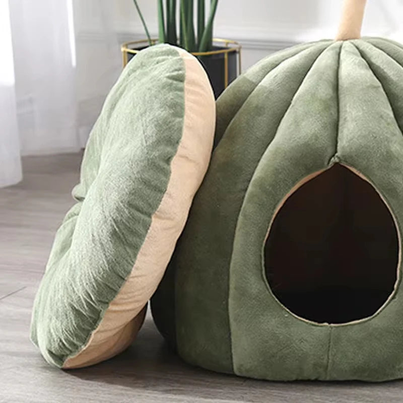 Enclosed Cat Nest | Winter Warm Cat Bed Pumpkin Shape | Pet Sleeping House