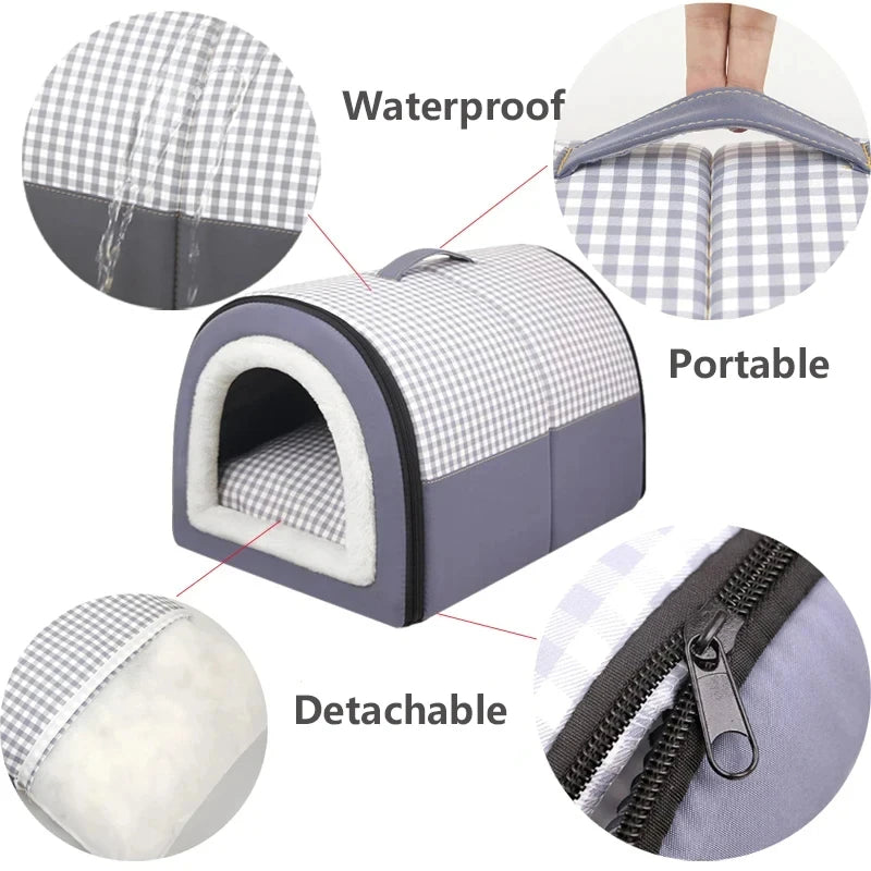 Enclosed Warm Dog Bed | Foldable Waterproof Dog Cave House | Removable Cat Nest Basket