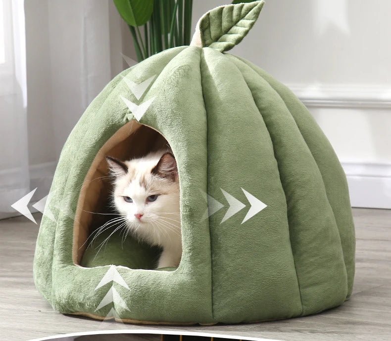 Enclosed Cat Nest | Winter Warm Cat Bed Pumpkin Shape | Pet Sleeping House