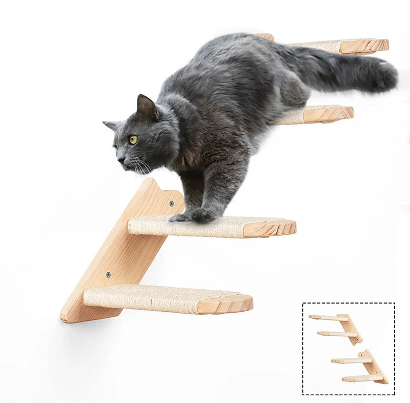 Eco-Friendly Wooden Cat Tree | Wall Mounted Cat Hammock | 2/4 Steps Cat Climbing Shelf