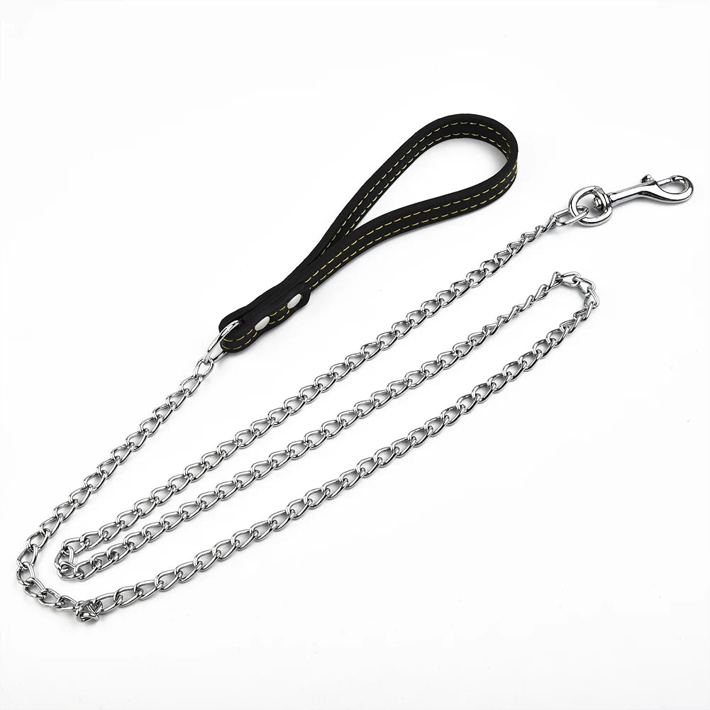 Metal Chain Dog Lead With Leather Style Handle | Strong Control Leash Harnesses