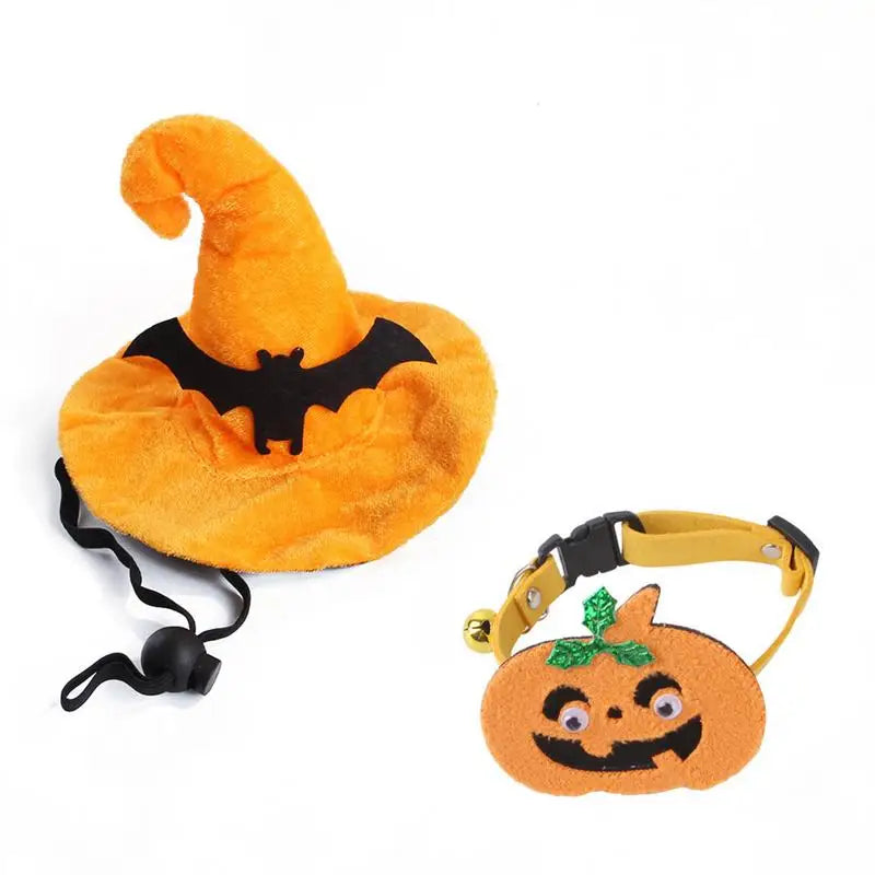 Cat Pumpkin Collar | Pet Halloween Costume Witch Hat | Kitten Wizard Hat