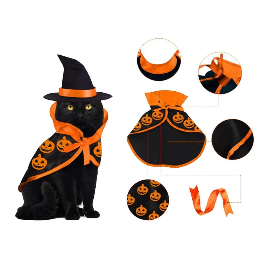 Halloween Cat Costume | Pet Cape and Witch Hat | Kitten Cloak Pumpkin Pattern