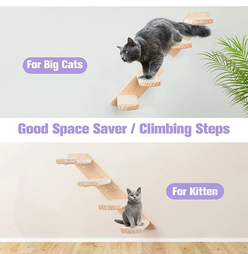 Eco-Friendly Wooden Cat Tree | Wall Mounted Cat Hammock | 2/4 Steps Cat Climbing Shelf