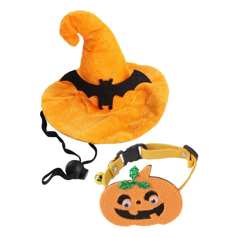 Cat Pumpkin Collar | Pet Halloween Costume Witch Hat | Kitten Wizard Hat