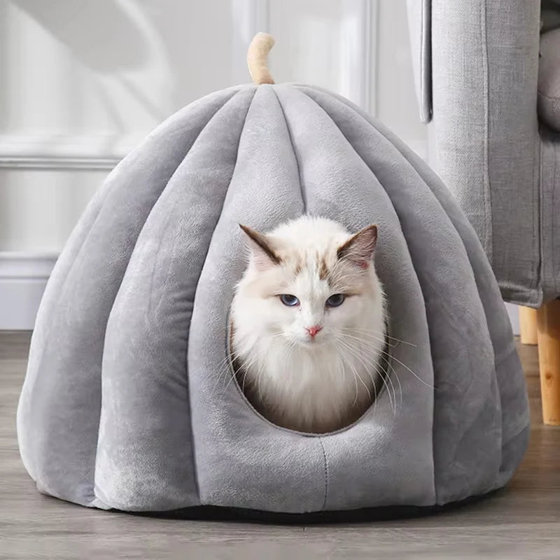 Enclosed Cat Nest | Winter Warm Cat Bed Pumpkin Shape | Pet Sleeping House