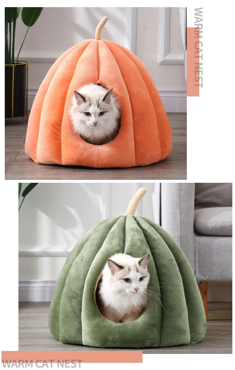 Enclosed Cat Nest | Winter Warm Cat Bed Pumpkin Shape | Pet Sleeping House