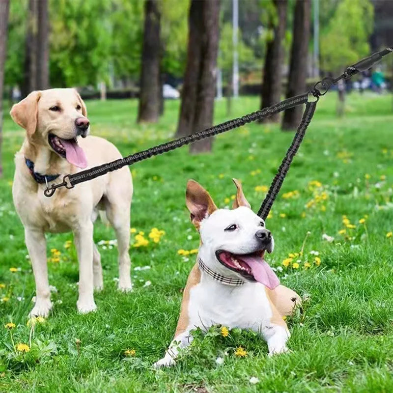 Black 2-Way Couplers Dog Leash | Rope Elastic Extended Pet Leash | Outdoor Training for Two Dogs