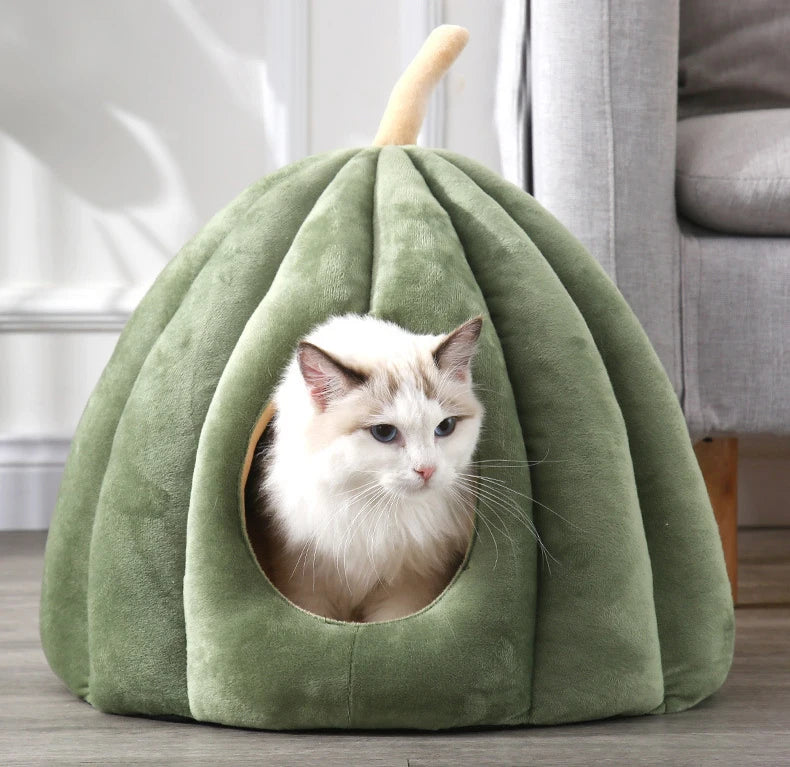 Enclosed Cat Nest | Winter Warm Cat Bed Pumpkin Shape | Pet Sleeping House