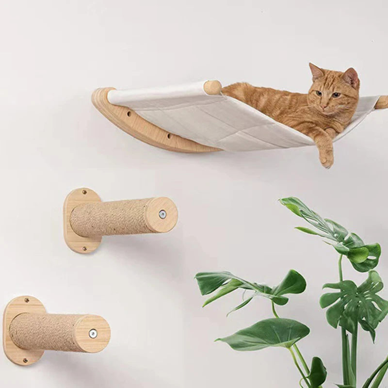 Eco-Friendly Wooden Cat Tree | Wall Mounted Cat Hammock | 2/4 Steps Cat Climbing Shelf