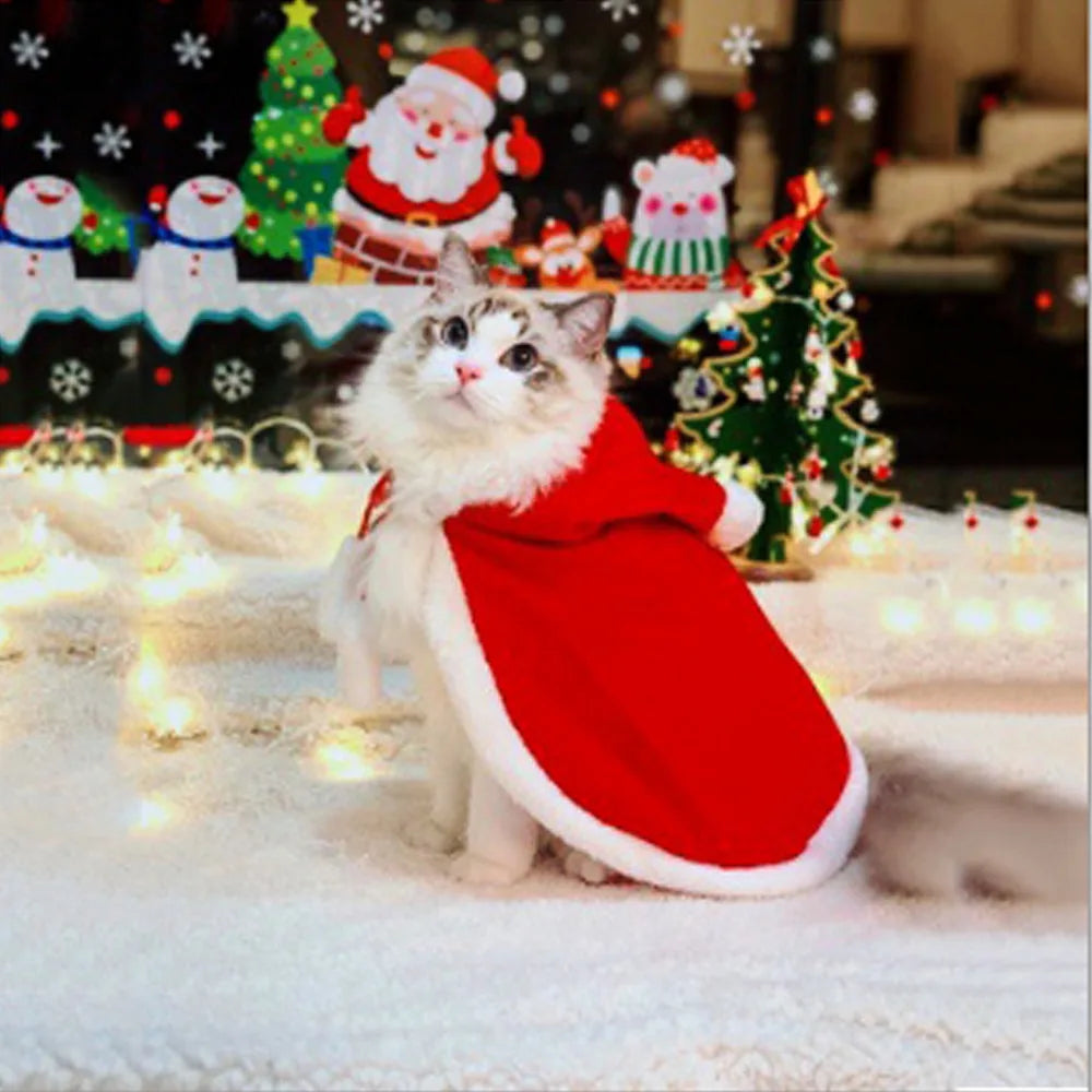 Santa Cat Costume | Pet Cosplay Christmas Cap | Kitten Xmas Cloak