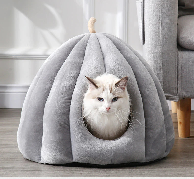 Enclosed Cat Nest | Winter Warm Cat Bed Pumpkin Shape | Pet Sleeping House