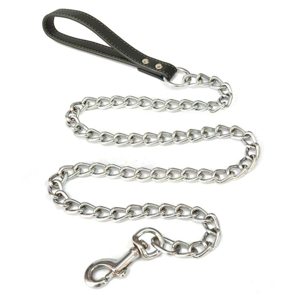 Metal Chain Dog Lead With Leather Style Handle | Strong Control Leash Harnesses