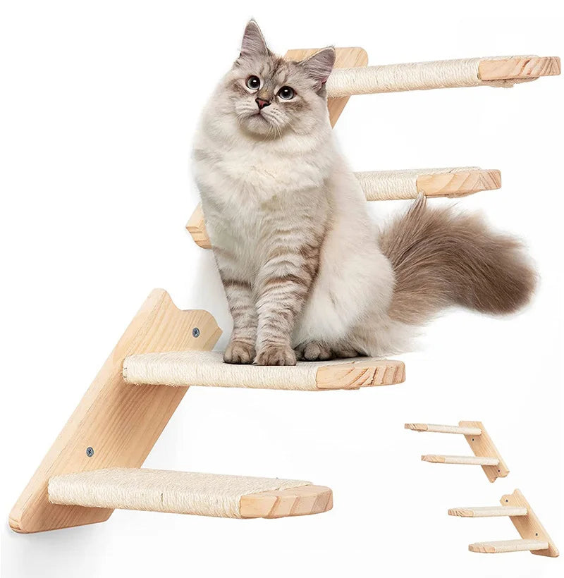 Eco-Friendly Wooden Cat Tree | Wall Mounted Cat Hammock | 2/4 Steps Cat Climbing Shelf