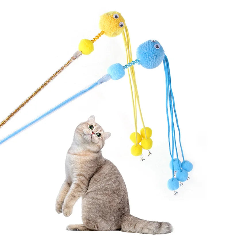 Interactive Cat Stick Toy | Kitten Bite-Resistant Plush Ball With Bell | Teaser Wand Toys