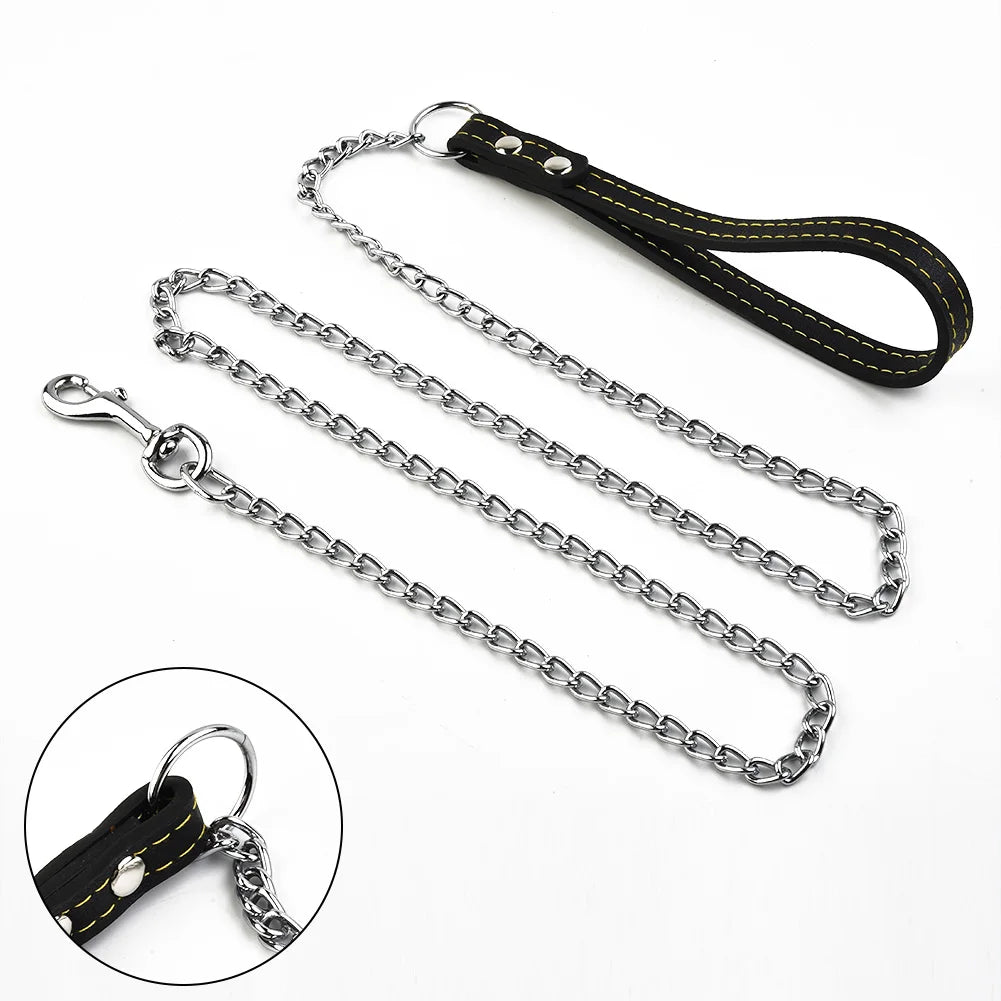 Metal Chain Dog Lead With Leather Style Handle | Strong Control Leash Harnesses