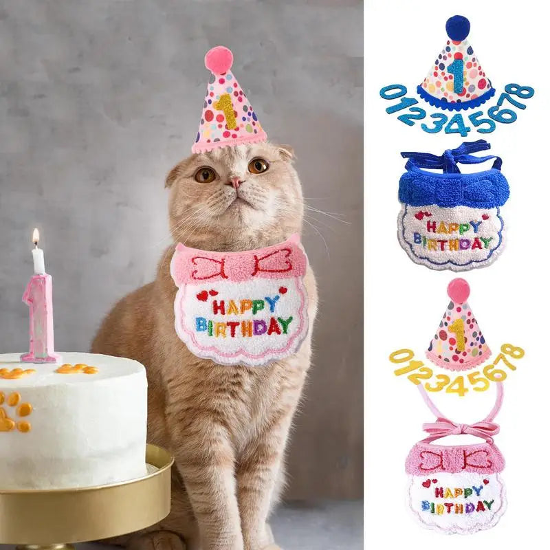 Cat Birthday Hat | Mini Pet Bib | Kitten Festive Clothing Wearable Decoration