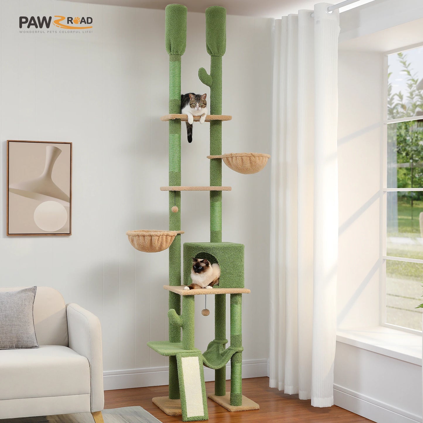 Cactus Cat Tree | Floor-to-Ceiling Kitten Tower | 7-Tiers Pet Climbing Tree with Cozy Hammocks