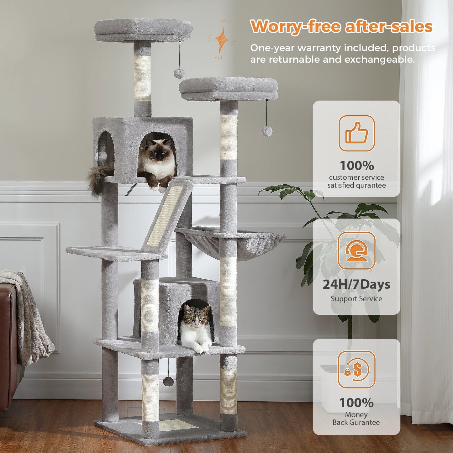 Large Cat Tree | Tall Cat Tower for Indoor Cats | Multi-Level Plush Cat Condo with Scratching Posts