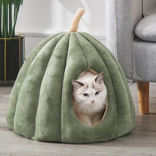 Enclosed Cat Nest | Winter Warm Cat Bed Pumpkin Shape | Pet Sleeping House