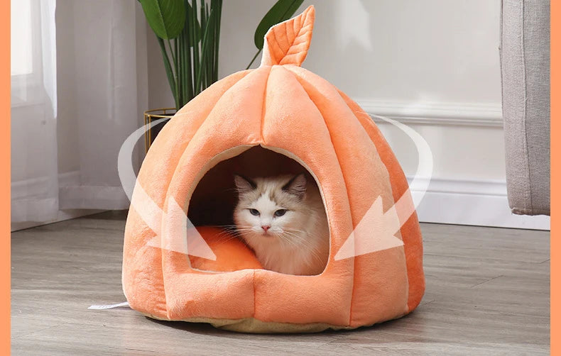 Enclosed Cat Nest | Winter Warm Cat Bed Pumpkin Shape | Pet Sleeping House