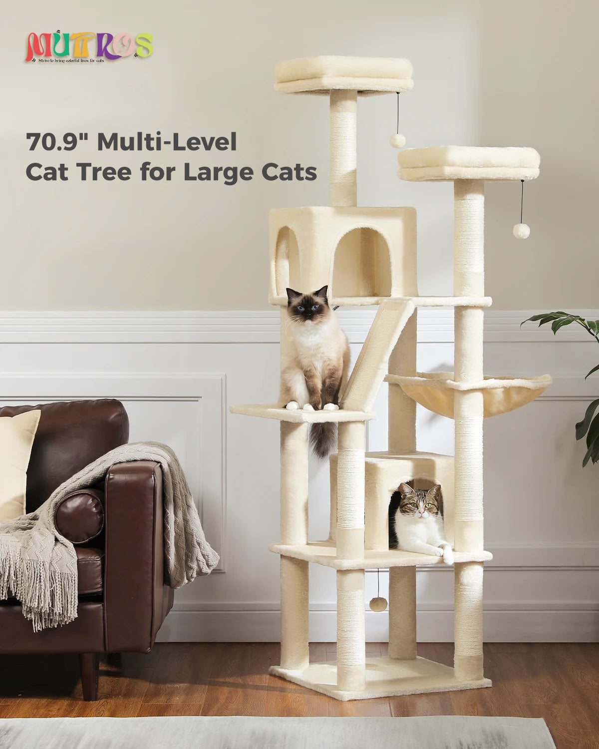 Large Cat Tree | Tall Cat Tower for Indoor Cats | Multi-Level Plush Cat Condo with Scratching Posts